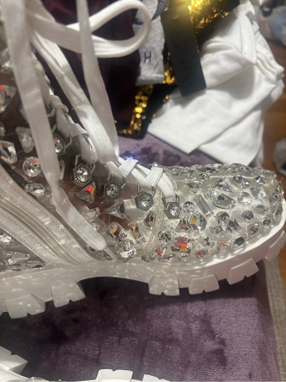 Crystal Embellished Clear Lace-Up Women's Boots - White - Picture 5 of 6